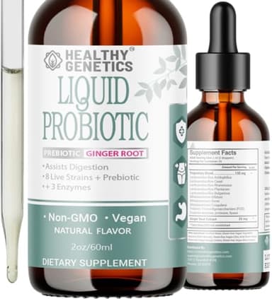 Healthy Genetics Liquid Probiotics for Women Men & Kids | Prebiotic +Ginger + Probiotics for Digestive Health | Acidophilus Probiotic | Dairy Free | Vegan | Non-GMO | Gluten Free | 30 Servings