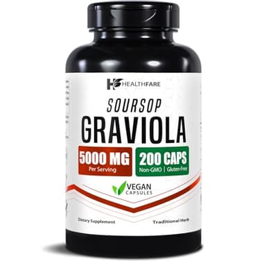 Healthfare Graviola Soursop Extract 5000mg | Annona Muricata | 200 Vegan Capsules | High Potency Leaf & Fruit Blend | Non-GMO | Gluten-Free | Made in USA