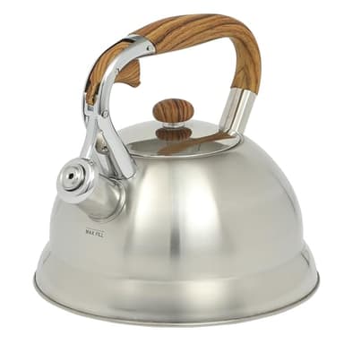 Mr. Coffee Woodmont 2-Quart Stainless Steel Tea Kettle With Wood Handle, Stovetop Whistling Kettle, Durable Fast-Boil Tea Pot