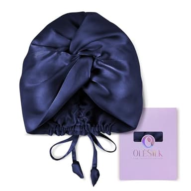 OLESILK Silk Bonnet for Sleeping Women: 100% Mulberry 22 Momme Silk, Adjustable Fit for Night Hair Care, No Frizz for Curls, Dark Blue