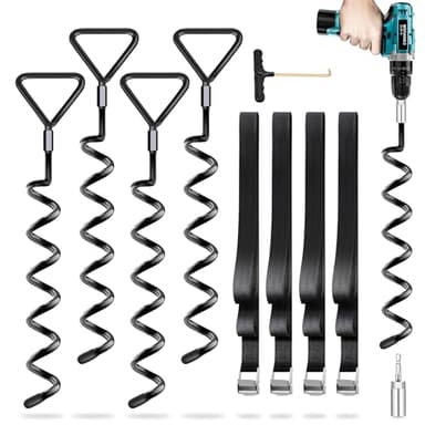 Trampoline Stakes 4 Pack - Heavy Duty Trampoline Anchors Kit - Screw In Ground Anchors High Wind with Straps for Trampolines(Black-4Pack)