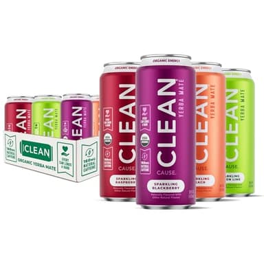 CLEAN Cause Low Calorie Variety Pack Yerba Mate Tea Sparkling, USDA Organic Energy Drink Alternative, Low Sugar, 160mg Natural Caffeine, Soda Alternative, Plant-Based (16oz cans, 12-Pack Case, 4 Flavors)