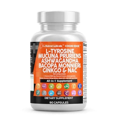 Clean Nutraceuticals L Tyrosine Mucuna Pruriens Bacopa Monnieri Ashwagandha Focus Supplement w/N-Acetyl Cysteine NAC 5-HTP Ginkgo Biloba Alpha GPC Vitamin C D B1 B12