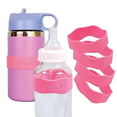 InchBug Orbit Labels Baby Bottle and Water Bottle Silicone Name Bands – Personalized Reusable Label Set for Daycare, Sippy Cups, Preschool, Elementary School, Dishwasher Safe, 4-Pack (Bubblegum Pink)