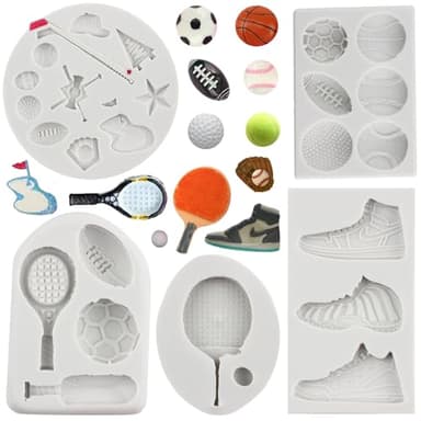 MYPRACS Ball Silicone Molds Football Baseball Basketball Rugby Tennis Fondant Mold Sneakers Sports Shoe Mold For Cake Decorating Cupcake Topper Candy Chocolate Gum Paste Polymer Clay Set Of 5
