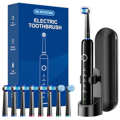 MCUDKIK Rotating Electric Toothbrush for Adults, 8 Brush Heads (2 Types) & Travel Case, 5 Cleaning Modes Rechargeable Power Toothbrush with 2-Minute Smart Timer, Black