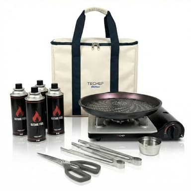 TECHEF - KBBQ Ultimate Set with Korean BBQ Grill Pan, Agni Portable Gas Stove Burner, Carrying Bag, 4 pack Butane Gas, Scissors, 2 BBQ Tongs, Made in Korea