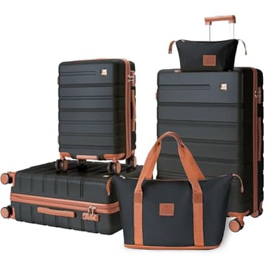 QIMER Luggage Sets 5 Piece Polycarbonate Hard Shell Suitcases Airline Approved, Lightweight Luggage with Spinner Sheels TSA Lock, YKK Zippers, Suitable for Family Black(20/24/28/DB/TB)