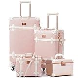 urecity Vintage Luggage Sets of 3 Piece - Hardside Lightweight Spinner Suitcases - Retro Travel Set includes Under Seat Train Case, Cosmetic Train Case, Elegant Pink