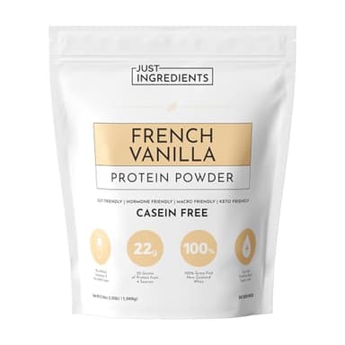 JUST INGREDIENTS French Vanilla Protein Powder – 30 Serving Bag – Grass-Fed Whey & Plant Protein Blend with Real Vanilla Bean – Sweetened with Coconut Sugar & Monk Fruit, Non-GMO, Gluten-Free