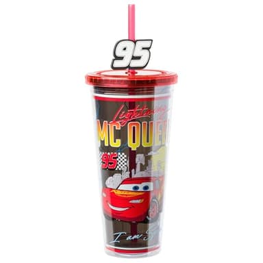 Silver Buffalo Disney Pixar Cars Lightning McQueen I Am Speed Plastic Cold Cup with Lid and Straw Topper, 24 Ounces