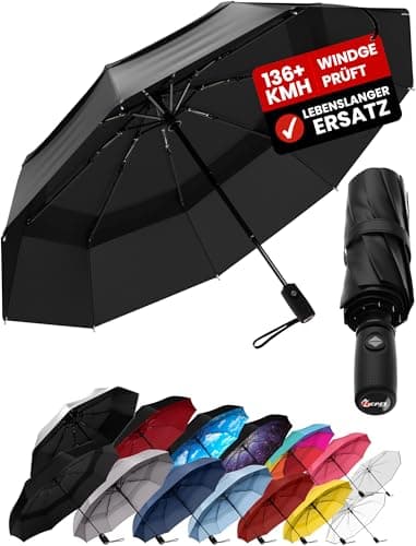 Windproof Travel Umbrella - Compact & Withstands Winds up to 85MPH, Strongest Premium Auto Folding Umbrella for Rain and Sun - Durable, Light & Portable for Women & Men, Fits Backpack & Cars