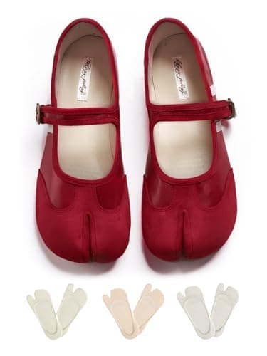 Tabi Shoes Women Mary Janes Ballet Flat - Low Top Split Toe Orthopedic Cute Casual Comfortable Walking Lightweight Female Solid All-Match for Daily Wear Beach Travel Athleisure Standing All Day (Red,7.5)