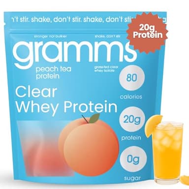 GRAMMS Clear Protein Powder Packets 20G Protein for Women & Men | Lactose Free, Grass-Fed Whey Isolate, Gluten Free, Zero Sugar, Gut Friendly, Non-Bloating (Peach Tea-18 Servings)
