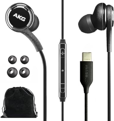 Samsung AKG Wired Earbuds Original USB Type C in-Ear Earbud Headphones with Remote & Microphone for Music, Phone Calls, Work - Noise Isolating Deep Bass, Includes Velvet Carrying Pouch - Black