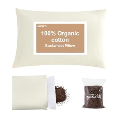 MIOTO Organic Buckwheat Pillow for Sleeping with Dual-Layer Pillowcase and Extra Tartary Buckwheat Hulls, Adjust Height and Firmness, Neck Support Pillow for Back and Side Sleepers 14"x20"