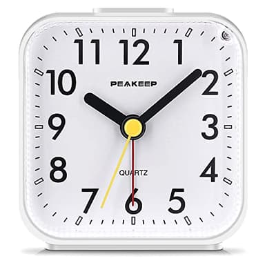 Peakeep Small Battery Operated Analog Travel Alarm Clock Silent No Ticking, Lighted on Demand and Snooze, Beep Sounds, Gentle Wake, Ascending Alarm, Easy Set (White)