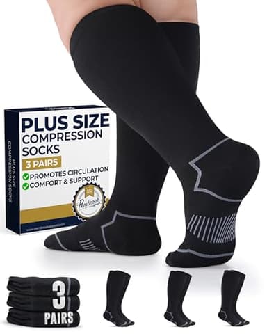 Pembrook Plus Size Compression Socks Wide Calf - 3 Pairs, 20-30mmHg Extra Wide Calf Compression Socks Women & Men, Traveling & Running, Circulation Support, Black/XXL