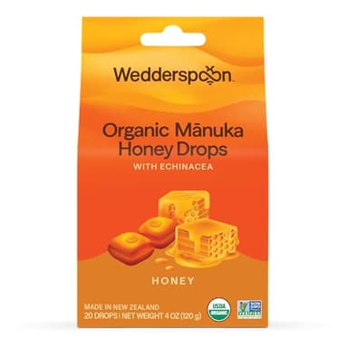 Wedderspoon Organic Manuka Honey Drops, Honey & Echinacea, 20 Count (Pack of 1) | Genuine New Zealand Honey | Perfect Remedy For Dry Throats