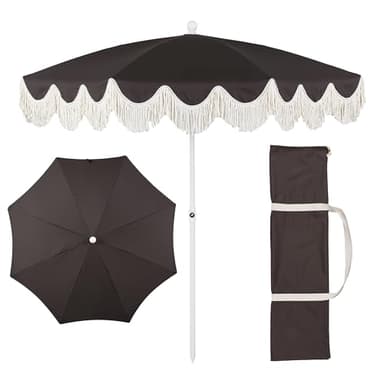 JONATHAN Y Mariner 6.5 ft. Beach Umbrella, Black Solid with Fringe, Push-Button Tilt, UPF 50+ Sun Protection and Carrying Bag for Patio and Pool, White Pole UMB1005R