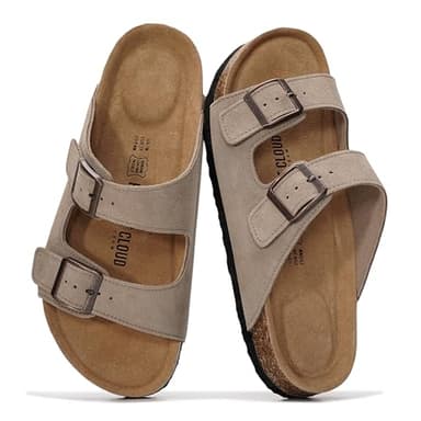 Project Cloud 100% Genuine Leather Flat Sandals For Women 2026 Cork Footbed Womens Sandals with Memory Foam and arch support Vacation Essentials Slides for Women Footwear (Venita, taupsu, 10)