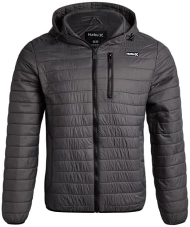 Hurley Mens Puffer Jacket - Lightweight Packable Insulated Winter Coat for Men - Weather Resistant Quilted Outdoor Jacket, Size Medium, Steel Iron Grey
