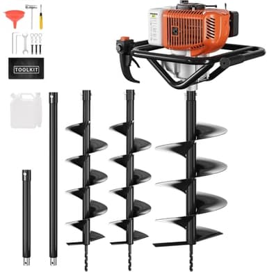 Baotree Post Hole Digger, 72cc Auger Post Hole Digger, Gas Powered Earth Digger with 2 Auger Drill Bits(6" & 8") + 2 Extension Rods31.5 & 15", for Farmland, Garden and Plant (72CC)