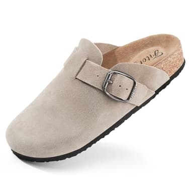 FITORY Womens Clogs Slip-on Potato Shoes Leather Mules with Suede Cork Footbed Taupe Size 8