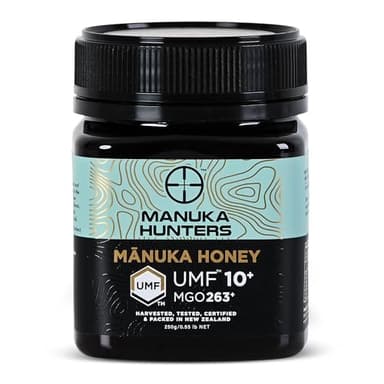 Manuka Hunters UMF 10+/MGO 263+ Certified New Zealand Manuka Honey - 100% Pure Natural Sweetener - Gluten, Dairy Free - Ideal for Tea, Coffee, Smoothies, and Baking - Sustainable - 8.8oz/250g Jar