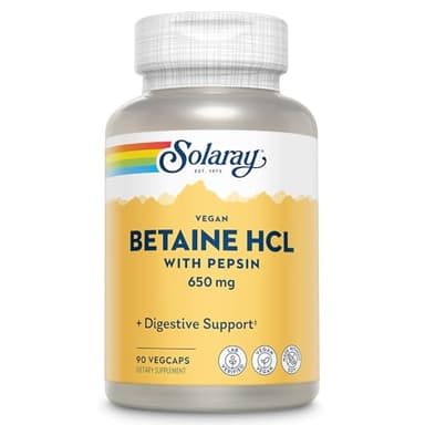SOLARAY Vegan Betaine HCL with Pepsin - Hydrochloric Acid Supplement for Digestive Health - with Betaine Hydrochloride and Digestive Enzymes - Gut Health Support - 60-Day Guarantee, 90 VegCaps
