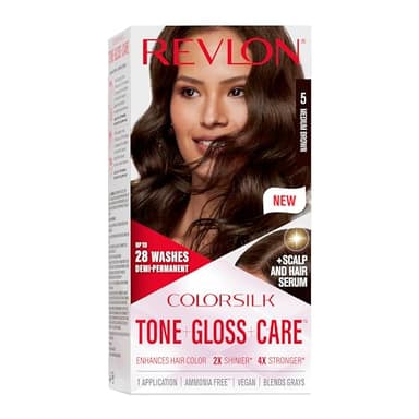 Revlon ColorSilk Tone + Gloss + Care Demi Permanent Hair Color, Dye Kit with Leave-In Scalp and Haircare Serum, 2x Shinier, 4x Stronger, 5 Medium Brown, 4.5 fl oz