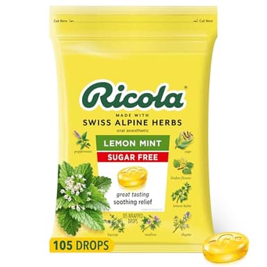 Ricola Sugar Free Lemon Mint Herbal Cough Suppressant Throat Drops, 105ct Bag