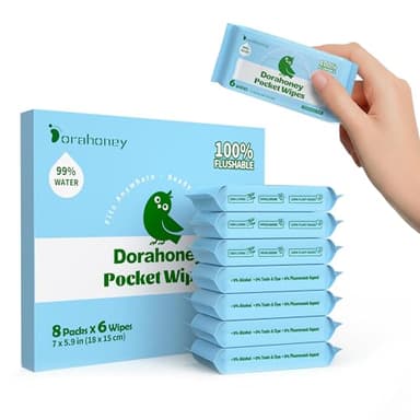 Dorahoney Flushable Wipes Travel Size, 99% Water Mini Wet Wipes for Sensitive Skin, Hypoallergenic & Unscented On The Go Pocket Wipes, 48 Count (8 Packs of 6)