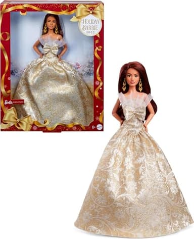 Barbie Signature 2025 Holiday Dark Brown Hair Fashion Doll Wearing Silver & Gold Gown, Seasonal Collector in Displayable Packaging & Stand