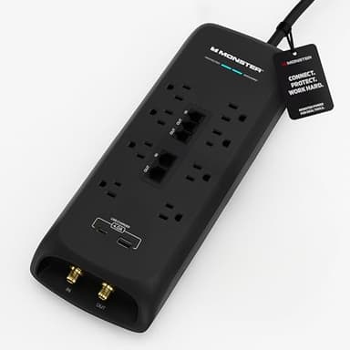 Monster Power Surge Protector w/ 4,050 Jules Rating — Heavy Duty Power Strips with Surge Protection, 8 Outlets, USB-A & USB-C, 2 Coax, 5 Ethernet Ports, Fireproof MOV, Dual Mode (6FT Cord, Black)