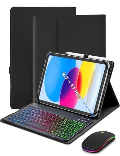 XCHYTECHER Universal Tablet Keyboard Case for 9.7",10.1",10.2",10.5",10.9",11" iPad Samsung Fire Pixel Android 10.1 inch Tablets, 7 Color Rainbow Backlit Removable Keypad with Pen Holder(Black) +Mouse