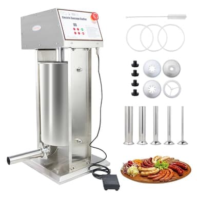 Hakka 30LB Electric Sausage Stuffer, Stainless Steel Electric Sausage Makers and Churro Makers Commercial Sausage Filling Machine with 5 Stuffing Tubes 4 Churros Making Parts