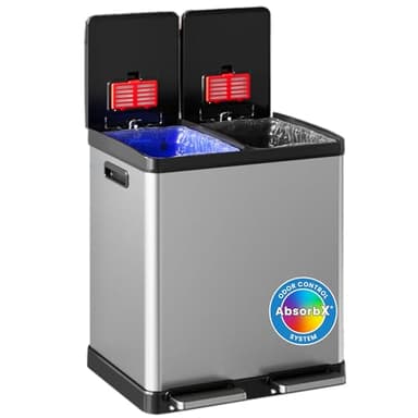 iTouchless 60 Liter / 16 Gallon Dual Compartment Kitchen Trash Can & Recycling Bin, Odor Filter, Soft-Close, Hands-Free Step Pedals, 2x 8-Gal Color-Coded Buckets, Smudge-Resistant Stainless Steel