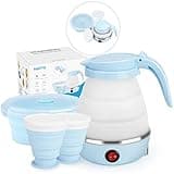 Travel Foldable Electric Kettle, Portable Kettle for Fast Water Boiling Tea Coffee, with 1 Collapsible Bowl and 2 Cups, Food Grade Silicon, 600ML 110V