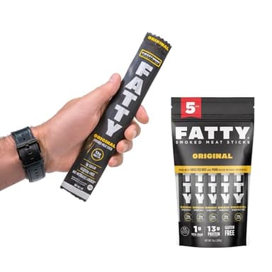 FATTY Meat Sticks, Made with Grass Fed Beef, Pork Raised Without Antibiotics, 13g Protein Per Stick, Original, Easter Basket Stuffer for Men, 2 oz. (Pack of 5)