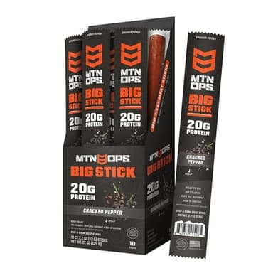 MTN OPS Big Stick High Protein Meat Sticks - 20g Protein, 10% Collagen - Cracked Pepper Flavor - Individually Wrapped Beef Snacks - 10 Count Carton