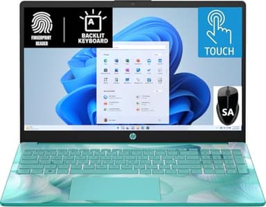 HP 15.6" HD Touchscreen Laptop with Fingerprint Reader, Intel Quad-Core N Processor, 4GB RAM, 128GB SSD Storage, Type-C, HDMI, Backlit Keyboard, SAM, W11, Dale Green (15-fd - Renewed)