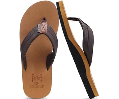 KuaiLu Mens Leather Flip Flops Arch Support Summer Beach Pool Water Thong Sandals Waterproof Essentials Walking Shoes Slip on Orthotic Casual Sport Cushioned Wide Slides Shower Slippers Khaki Size 11