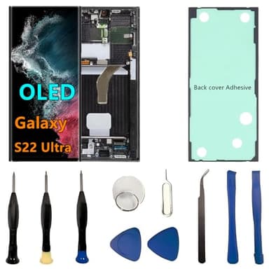 OLED Galaxy S22 Ultra LCD Screen Replacement for Samsung Galaxy S22Ultra 5G Display Touch Screen Digitizer SM-S908U SM-S908U1 Support Fingerprint S-Pen (with Black Frame+Back Cover Adhesive+Tools)