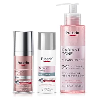 Eucerin Radiant Tone Dual Serum Dark Spot Corrector, Serum with Thiamidol and Hyaluronic Acid + Face Cleanser Gel with 2% Exfoliating AHA Complex + Night Cream, Dark Spot Corrector with Thiamidol