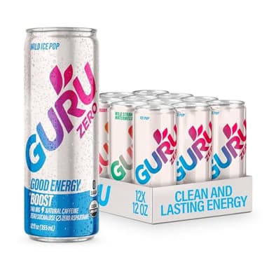 GURU ZERO SUGAR Organic Energy Drinks Variety Pack, Clean Energy Drink with Plant Based Natural Caffeine from Green Tea, Coconut Water, Prebiotic, Zero Added sugars, Gluten Free and Vegan, Pre Workout, Healthy Drinks, 12oz (Pack of 12)