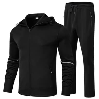 BGOWATU Men's Tracksuits Set Full Zip Jacket Hoodie Sweatsuit Running Sport Pants Jogging Suits with Zipper Pockets Black L