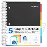 SUNEE 5 Subject Notebook College Ruled - 400 Pages, 8.5"x11", 5 Pocket Colored Dividers, 3-Hole Punched Paper, Black