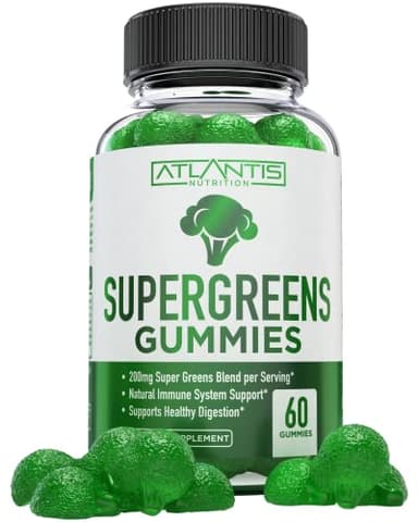 Atlantis Nutrition Supergreens Gummies - Daily Green Superfoods Supplement with Spinach, Broccoli, Moringa, Beet Root, Celery, Green Tea, & Acai for Immunity Support - Natural Raspberry Flavor, 60 cnt