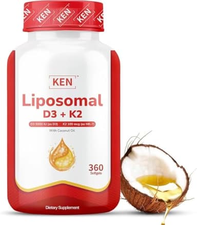 KEN Liposomal Vitamin D3 5000 IU + K2 (MK7) 100 mcg, Enhanced Calcium Absorption, Supports Immune Function, Coconut Oil, No Seed Oil, Non-GMO 360 Halal Bovine Softgels